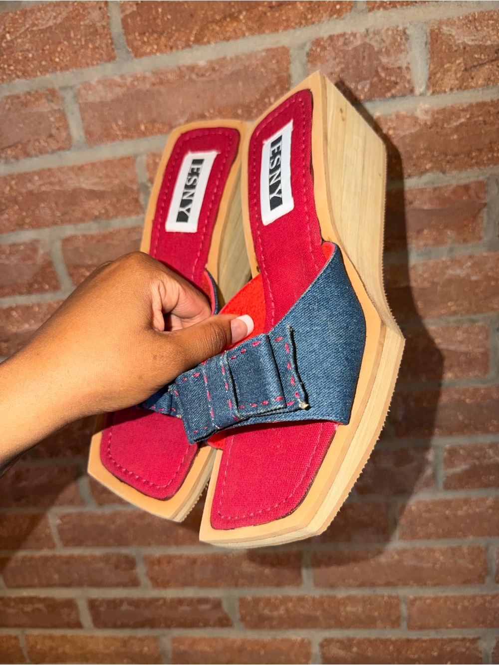 Kensie Red Suede & Denim Bow Wedge Sandals